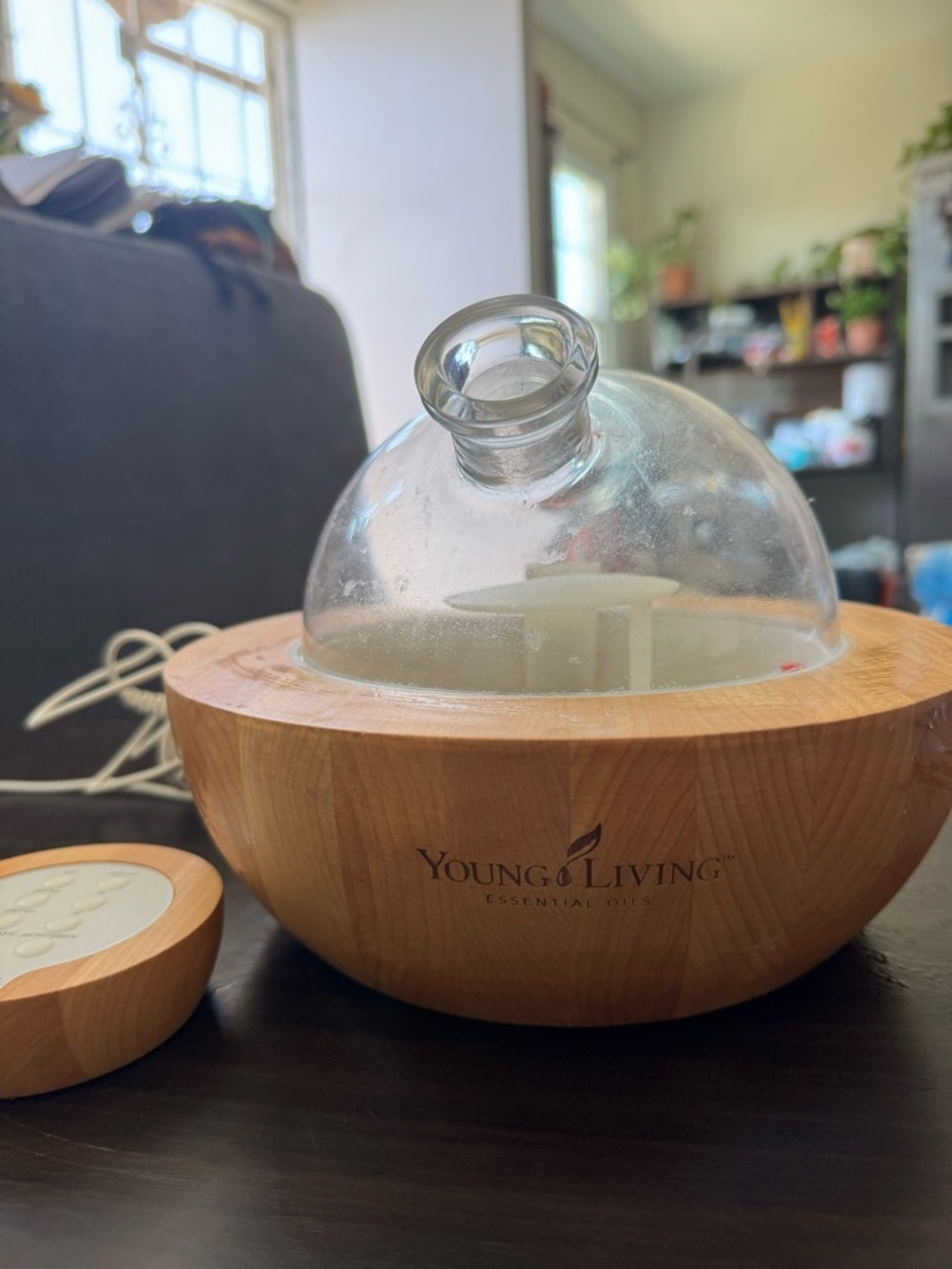 Young Living Wood-Grain Base Diffuser with Clear Glass Dome